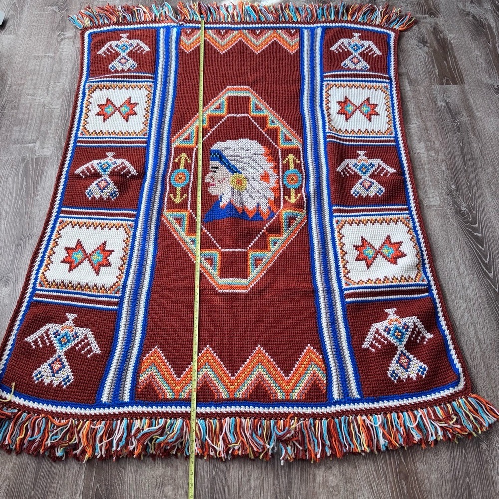 Vintage‎ Southwestern Crochet Afghan Throw 54x59 – Handmade Thunderbird Folk Art - Picture 2 of 9